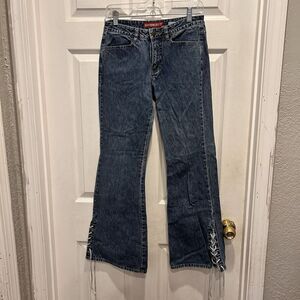 Vintage Unionbay Jeans Blue Flare Low Rise Lace Up‎ Tie Hems Y2K Size 5 Grunge
